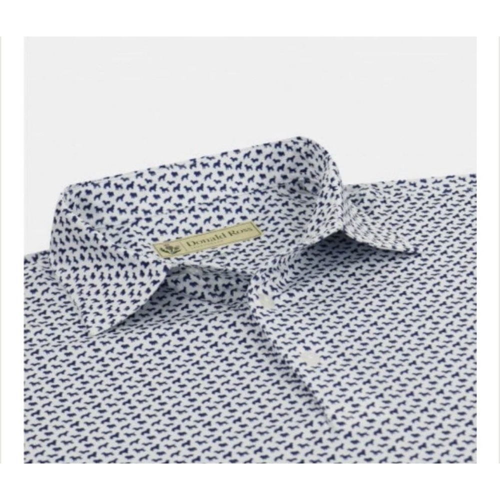 Donald Ross Sportswear Mens L White Navy Blue Dog Print Performance Golf Polo